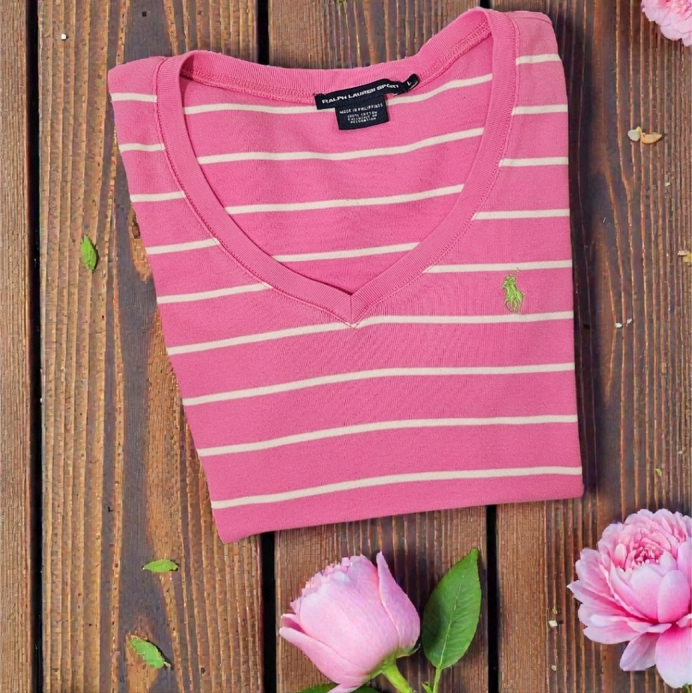 Ralph Lauren Sport Women's 100% Cotton Pink and White V-Neck Tee Size--Large